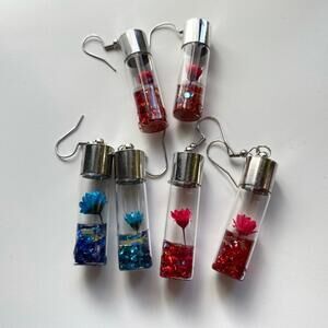 Flowers Wish Glass Bottle Dangle Earrings Pink & Blue 3 Sets
